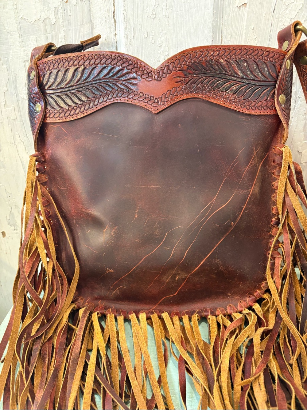 Brown Leather Fringe Crossbody Bag with Turquoise Accent - Picture 4 of 6